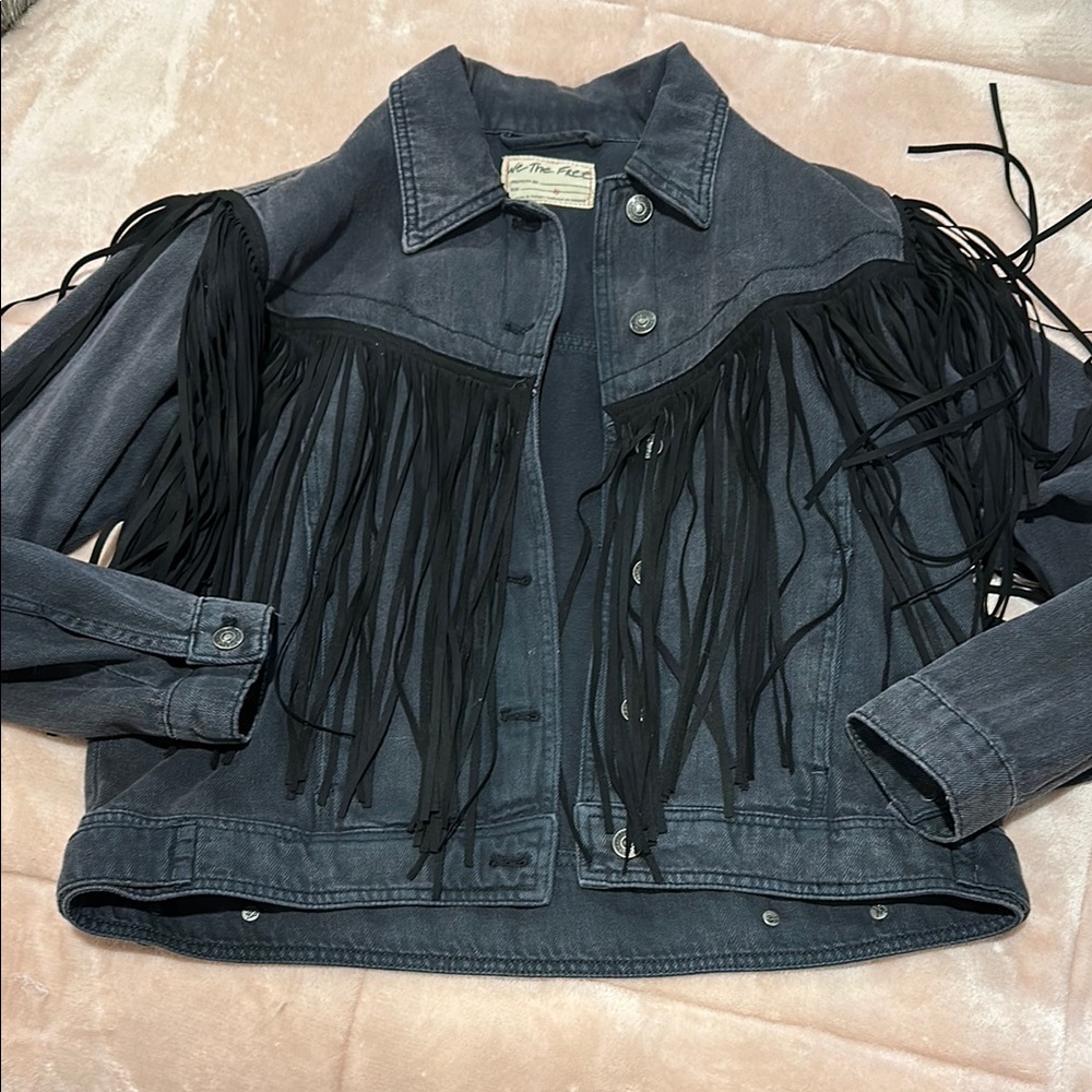 Free People Black Fringe Denim Jacket